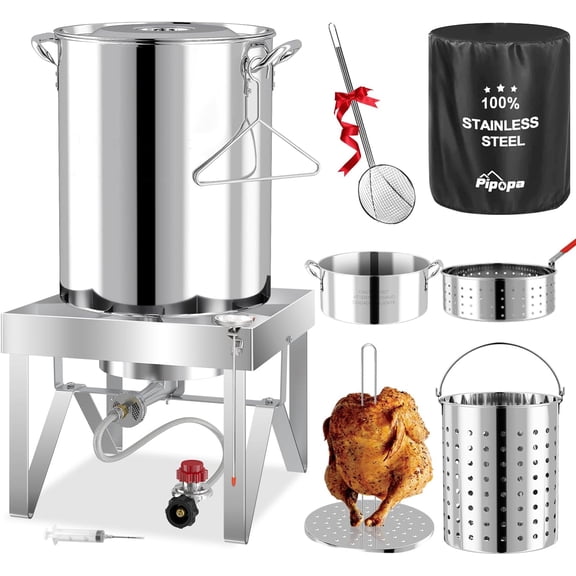 30QT Turkey Fryer Kit | Stainless Steel | Cover | Skimmer | 50,000BTU Burner | Outdoor Deep Fryers with Basket | Seafood Boil Pot | Crab, Shrimp & Crawfish Boiler