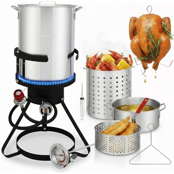 30QT Turkey Fryer Pot with Basket and Burner, 10QT Fish Fryer, 54000BTU Outdoor Deep Fryer, Crawfish Boiler with Thermometer, Marinade Injector, Turkey Rack & Lifter for Outdoor Parties, Thanksgiving