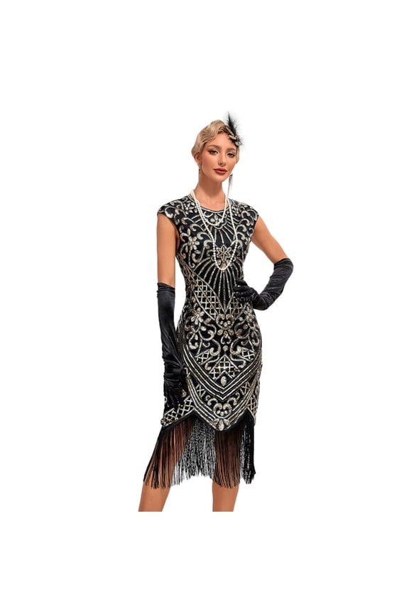 30S Flapper Dresses 1920s Vintage Dress Summer Fringe Beaded Great Gatsby Party Cocktail Prom Tassels Sequin Size S-3XL,Black And gold,XXL
