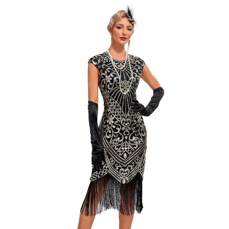 30S Flapper Dresses 1920s Vintage Dress Summer Fringe Beaded Great Gatsby  Party Cocktail Prom Tassels Sequin Size S-3XL,Black And gold,XXXL -  Walmart.com
