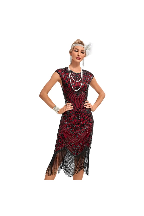 30S Flapper Dresses 1920s Vintage Dress Summer Fringe Beaded Great Gatsby Party Cocktail Prom Tassels Sequin Size S-3XL,Red,L