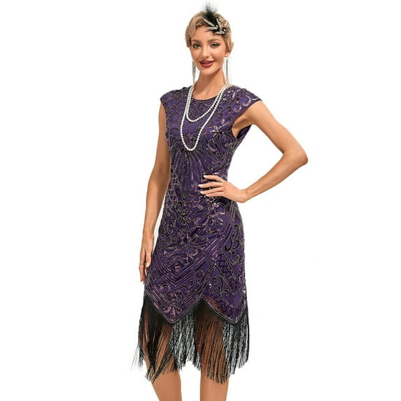 30S Flapper Dresses 1920s Vintage Dress Summer Fringe Beaded Great Gatsby Party Cocktail Prom Tassels Sequin Size S-3XL,purple,XL
