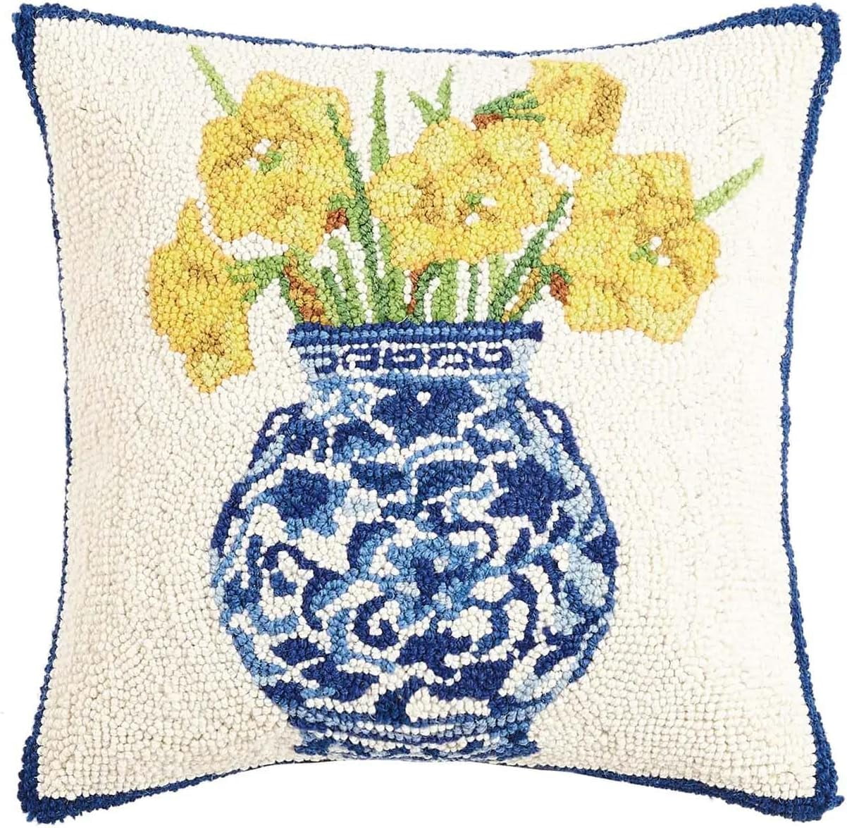 Blue and Yellow Floral Hook Pillow with Wool and Cotton