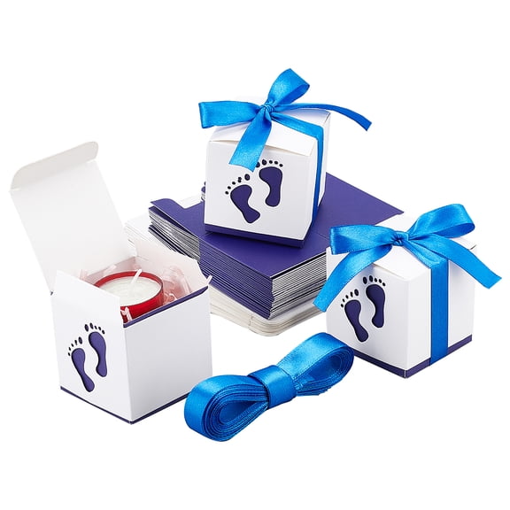 30Set Paper Gift Box with Ribbon Folding Boxes with Foot Print Pattern Wedding Decoration Square Dark Blue 6.1x6.1x6.1cm