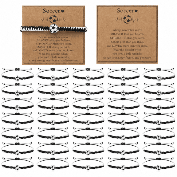 30Set Soccer Bracelet Gifts with Motivational Cards, Adjustable Soccer Charm Bracelets Bulk, Sports Team Bracelet Party Favors for Player, Soccer Event Souvenirs, Graduation and Team Celebration Gift