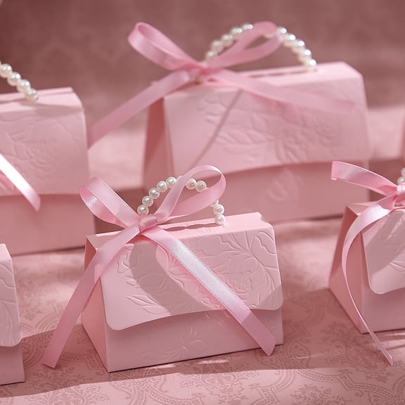 30Set Wedding Favors Box DIY Set, Pink Kraft Paper Box with Pearl Handle, Ribbons, Stickers, Gift Boxes for Birthday, Party Favor, Boutique, Wedding and Anniversary