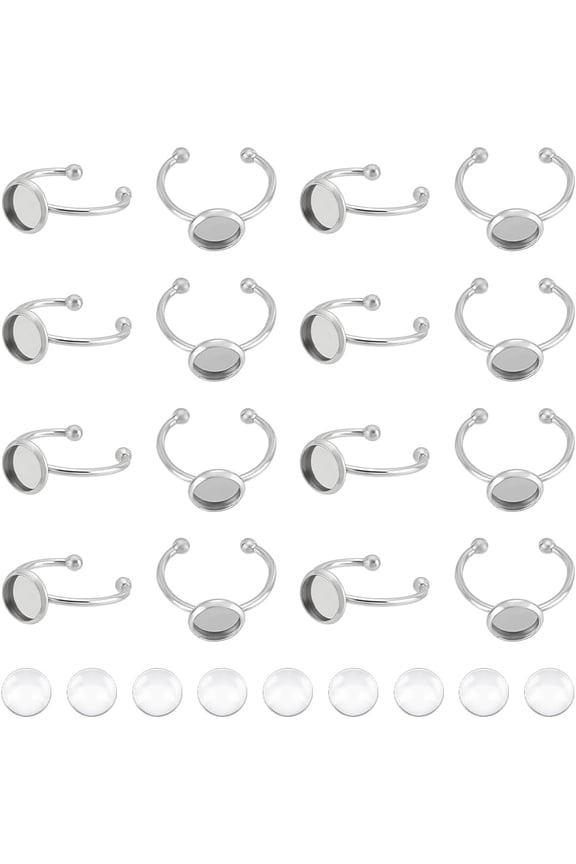 30Sets Blank Dome Finger Ring 8mm Tray Stainless Steel Adjustable Cuff Finger Rings with 30pcs Glass Cabochon Making Kit Blanks Bezel Components Trays Fit Pad Ring for Rings