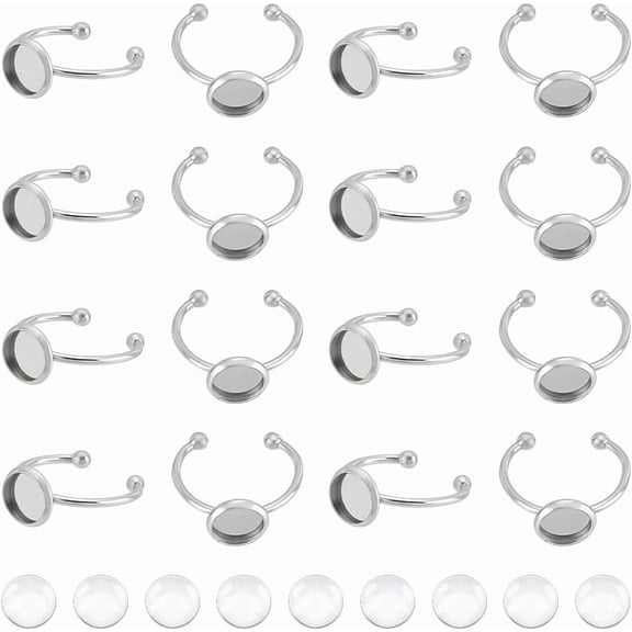 30Sets Blank Dome Finger Rings 8mm Tray Stainless Steel Adjustable Cuff Finger Rings with 30pcs Glass Cabochon Making Kit Blanks Bezel Components Trays Fit Pad Ring for Jewelry Making for DIY