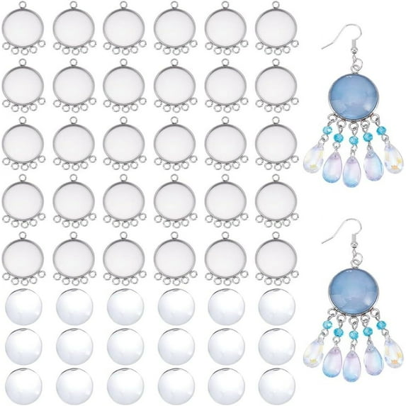 30Sets Flat Round Tray Pendants Cabochon Stainless Steel Pendant Cabochons Blank Bezel Pendants with 5 Hole with 30pcs Glass Cabochons Base Pendants Sets
