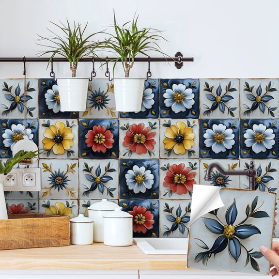 30Sheets Tile Wall Sticker Kitchen Backsplash 5.91"x5.91" Removable Waterproof Flowers DIY Decals Peel and Stick PVC Tiles