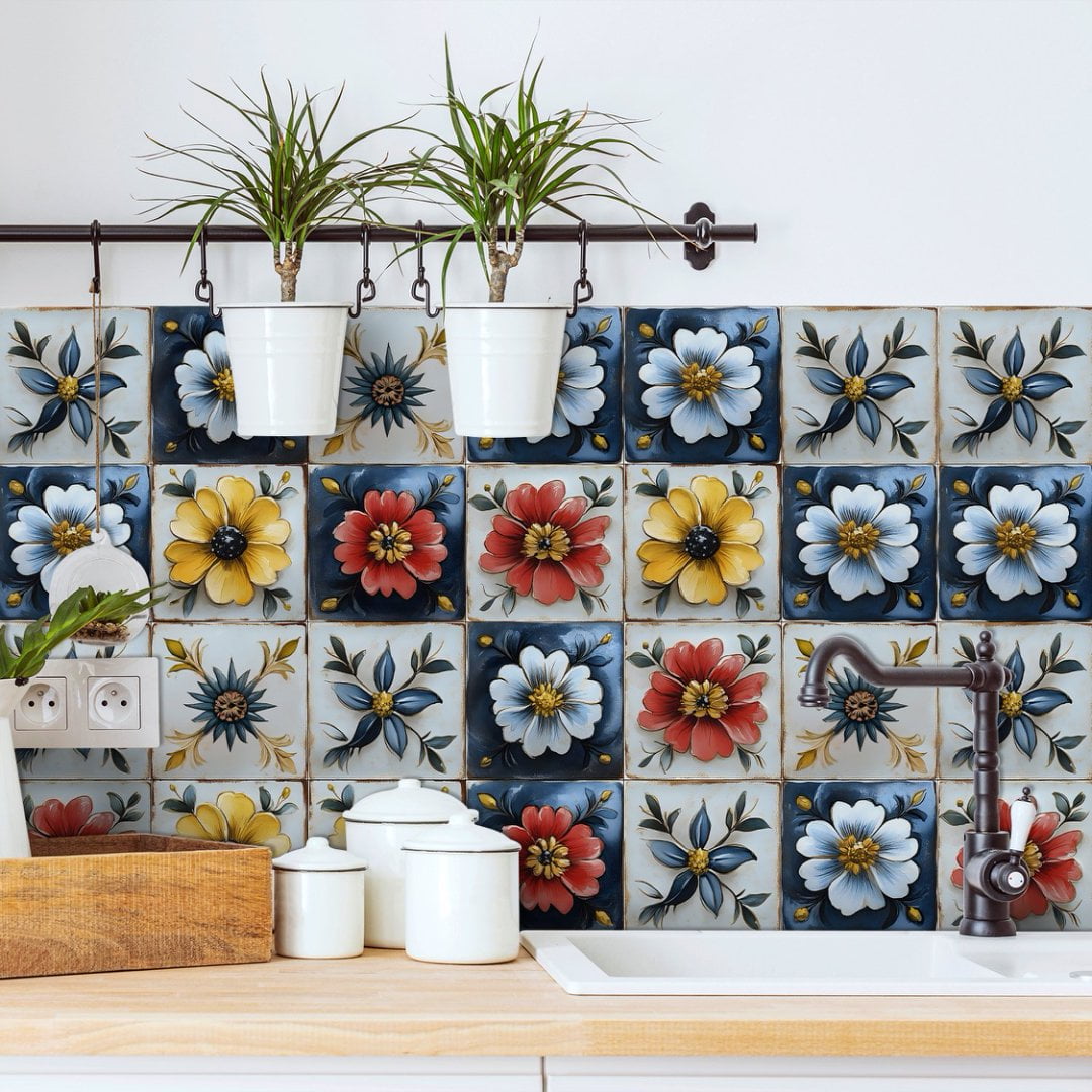 30Sheets Tile Wall Sticker Kitchen Backsplash 7.87"x7.87" Waterproof Removable DIY Flowers Decals Peel and Stick PVC Tiles