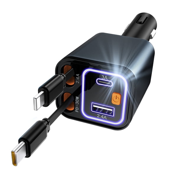 DOMAVER 4-in-1 Retractable Car Charger Adapter with Starlight, 30W Fast Charging USB C / Type C Car Phone Charger with Multi-Port for iPhone / iPad / Samsung / Google Pixel / Android ,Gray
