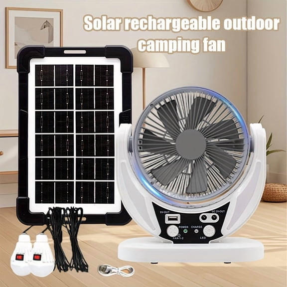 30W Camping Fan with Solar Panel, Rechargeable Tent Fan Built-in LED Lights, Portable Desk Fan for Camping, Fishing, Home & Emergency Use