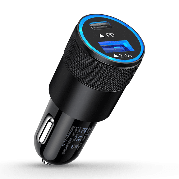 30W Dual Port Car Charger, PD 3.0 USB-C + USB-A Fast Charging Cigarette Lighter Adapter with Blue LED, CE FCC RoHS Certified