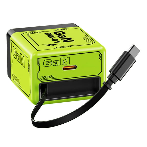 "30W GaN Port Charger With Retractable PD Fast Charging Block For Phones (Type C 30W + Built In 22.5W 2.57"x2.17"x1.5" Green/Sunset Orange) Certif