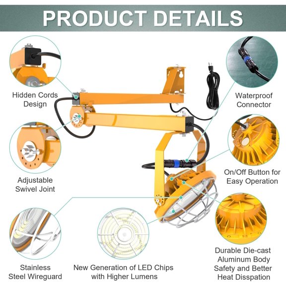 30W LED Loading Dock Light with 40" Swing Arm, 4200LM 5000K, 360 Adjustable Head, IP65 Waterproof Work Light for Trailers, Warehouses, Shipping Bays, UL Listed Industrial Task Lighting