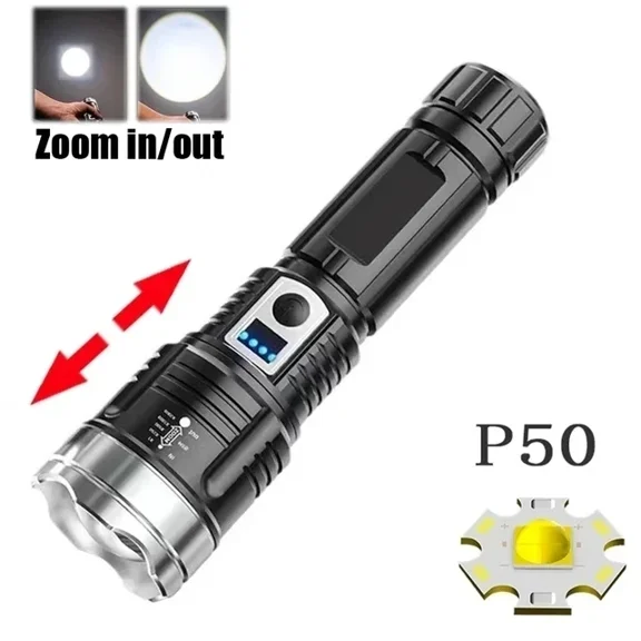 30W P50 COB Strong Light Flashlight Portable Rechargeable Bright Household LED Lamp Built in Battery with Power Display