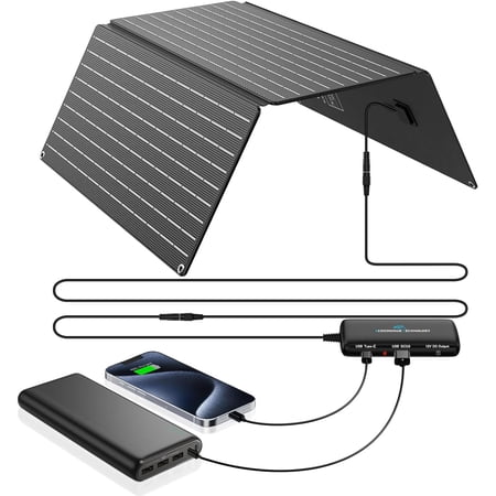 30W Portable Solar Panel with Detachable Power Hub, 19V DC/USB-A QC 3.0/ USB C PD 24W ETFE Waterproof Foldable Solar Panel Charger Compatible with Cell Phone, Tablet, Camera, Power Station