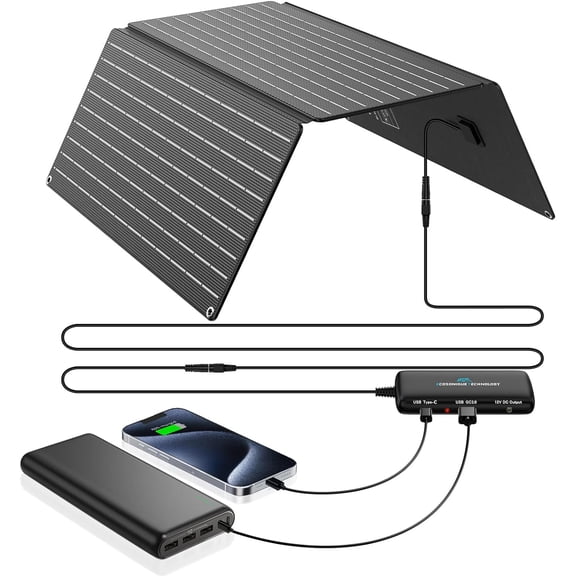 30W Portable Solar Panel with Detachable Power Hub, 19V DC/USB-A QC 3.0/ USB C PD 24W ETFE Waterproof Foldable Solar Panel Charger Compatible with Cell Phone, Tablet, Camera, Power Station
