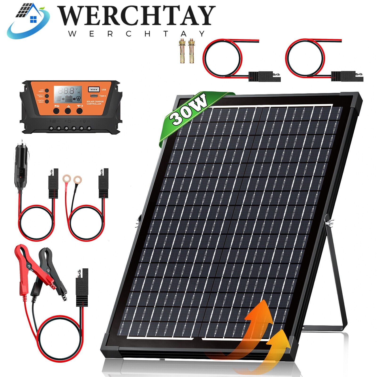 30W Solar Panel Trickle Charger Kit - 12V Battery Maintainer For Car, Boat, RV, Marine