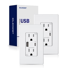 ELEGRP 30W Type A & Type C USB Wall Outlet for Power Delivery and Quick Charge, 15A Receptacle, w/ Wall Plate, (2 Pack, White)