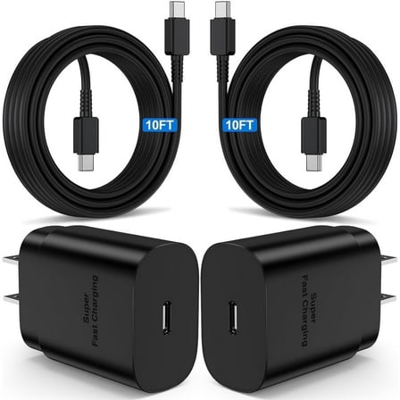 Super Fast Charger Type C, 2Pack 25W USB C Fast Charging Block Wall Charger with 2*10FT Android Charger Cable Compatible with Samsung Galaxy S25/S24/S23 Ultra/S23+/S22/S21/S20/iPhone 16/15 Case