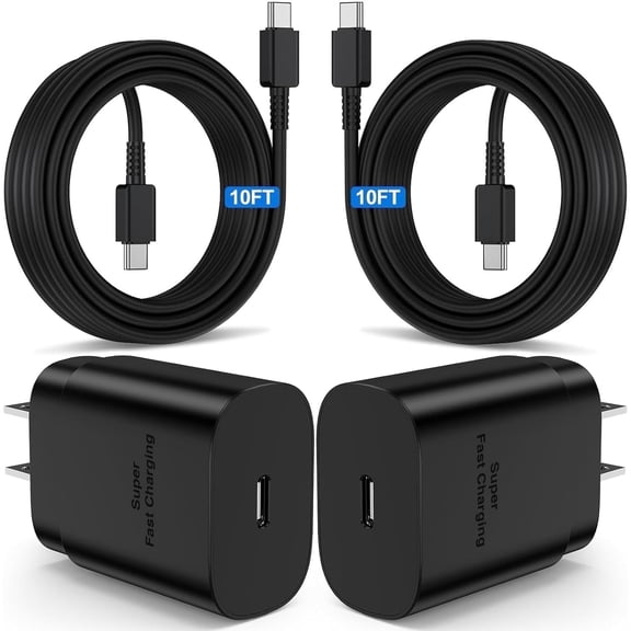 Super Fast Charger Type C, 2Pack 25W USB C Fast Charging Block Wall Charger with 2*10FT Android Charger Cable Compatible with Samsung Galaxy S26/S26 Ultra/S25/S24/S23 Ultra/S23+/S22/S21 Case