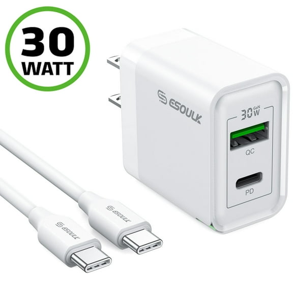 30W USB-C GaN PD 3.0 Power Delivery + 18W Quick Charge 3.0 Fast Wall Charger + USB-C Cable - White