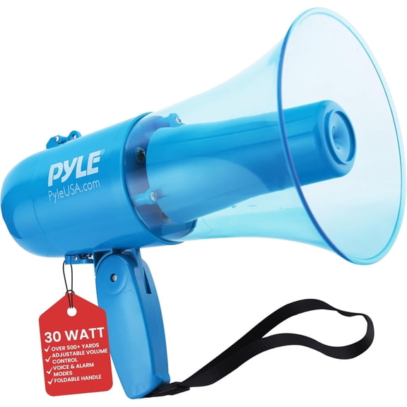 30W Waterproof Megaphone Siren Bullhorn Speaker, Battery Portable Bullhorn for Indoor & Outdoor Use, 500 Square Yards Range,4 C Batteries Needed Record Siren/Music (Transparent Blue)