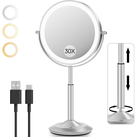 30X/1X Makeup Mirror with Lights, Height Adjustable Lighted Magnifying Vanity 3 Lighting and Brightness, 3000mAh Rechargeable Double Sided Switch for Desk Women Gift