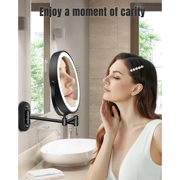 30X/1X Wall Mounted Lighted Makeup Mirror, 8'' Double Sided Rechargeable Magnifying Bathroom Mirror with Light, 3 Color Lights Touch Dimmable Extended Arm 360 Rotation Light up Mirrors