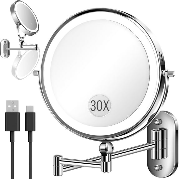 30X/1X Wall Mounted Lighted Makeup Mirror, 9'' Height Adjustable Double Sided 5000mAh Rechargeable Magnifying Bathroom Mirror with Light, 3 Color Modes Touch Dimmable Extended Arm 360 Rotation