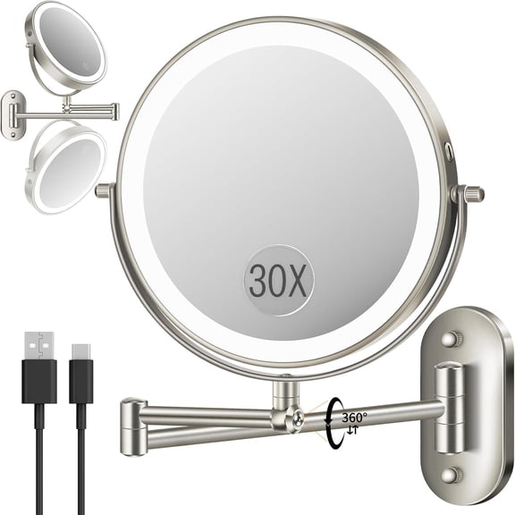 30X/1X Wall Mounted Lighted Makeup Mirror, 9'' Height Adjustable Double Sided 5000mAh Rechargeable Magnifying Bathroom Mirror with Light, 3 Color Modes Touch Dimmable Extended Arm 360 Rotation