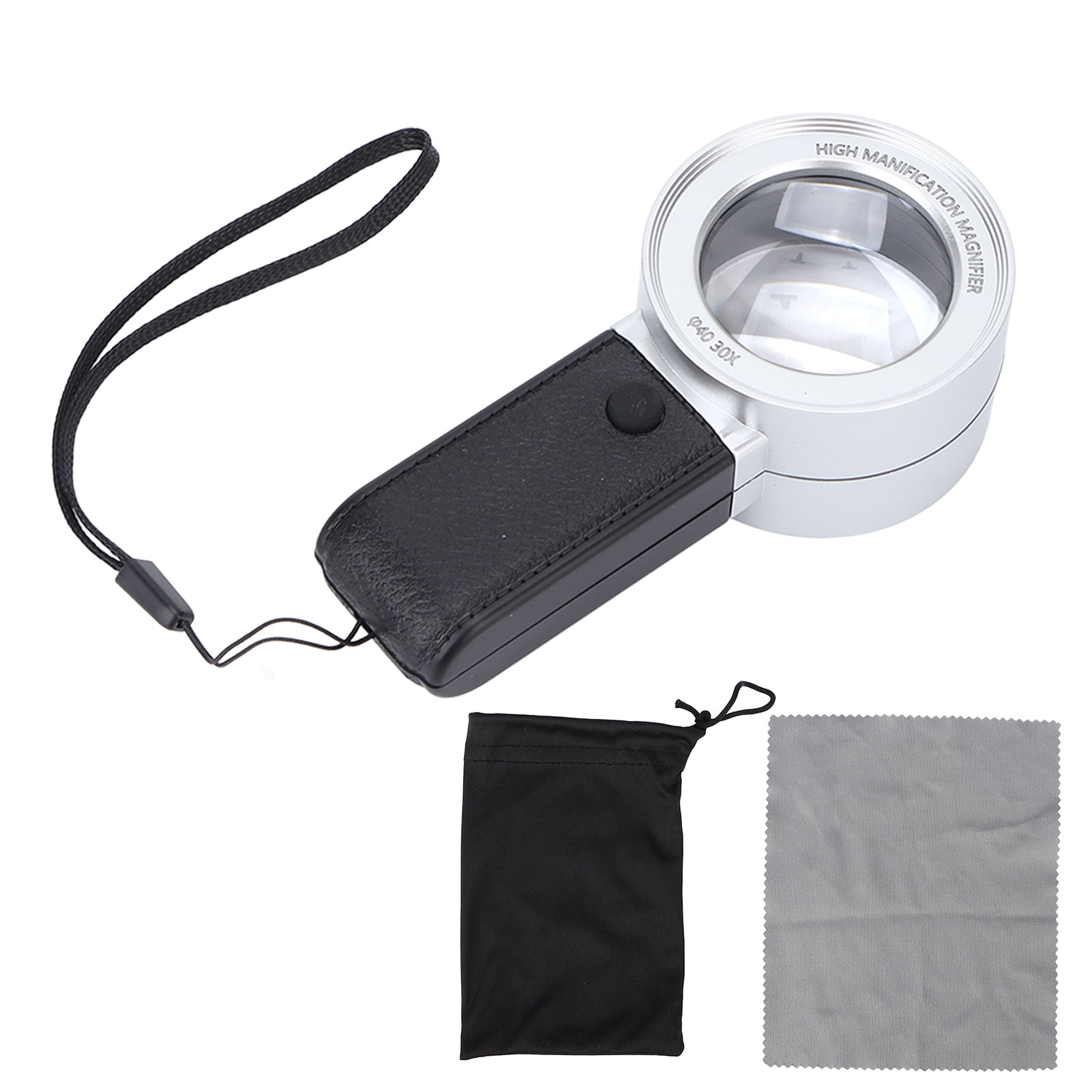 30X Magnification Handheld Magnifying Glass with 3 LED Lights, 1 UV Light, and Pocket-Sized Design - Silver
