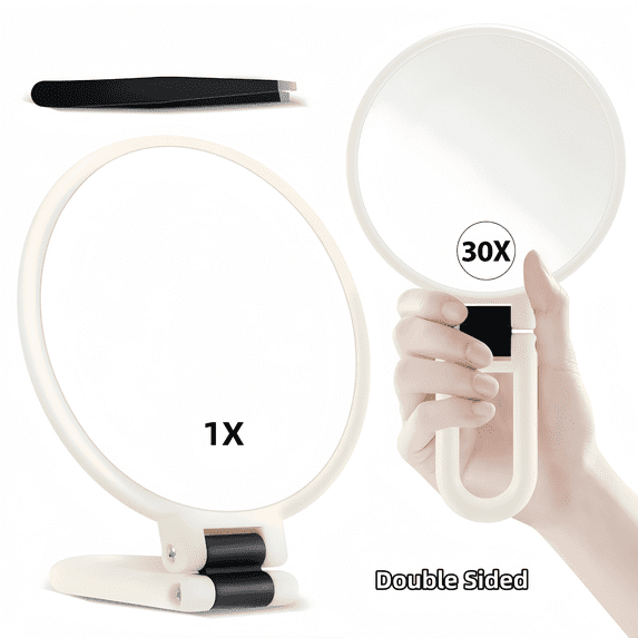 30X Magnifying Handheld Makeup Mirror, Double Sided Foldable Travel Hand Mirror with Handle, 1X & 30X Magnification Portable Hand Mirror for Cosmetic Shaving Travel Use, White