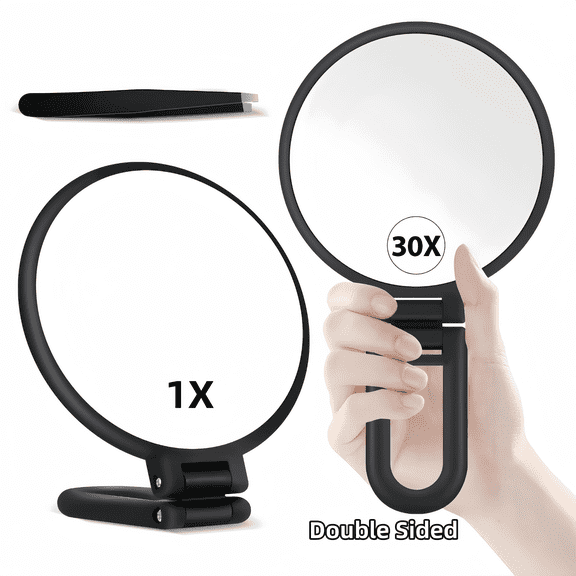 30X Magnifying Handheld Makeup Mirror, Double Sided Foldable Travel Hand Mirror with Handle, 1X & 30X Magnification Portable Hand Mirror for Cosmetic Shaving Travel Use, Black