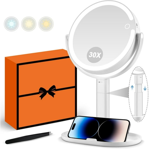 30X Magnifying with Lights for Professional Makeup | Height Adjustable, Battery Level Indicator, Phone Holder, Storage Tray, Dual-sided Switch, 2000mAh Lithium Battery