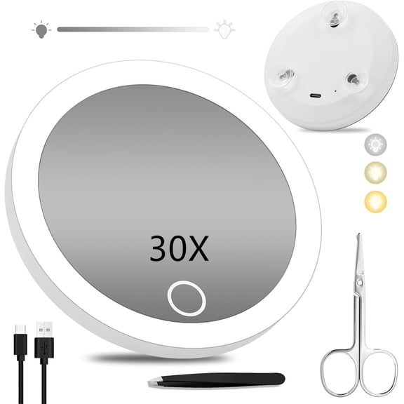 30X Magnifying Mirror with Lights, 30x Magnified Mirror with 3 Color Lights Adjustable Brightness,Travel Magnification with Suction Cups - Portable Mirror Includes Tweezers & Scissors(White,4Inch)