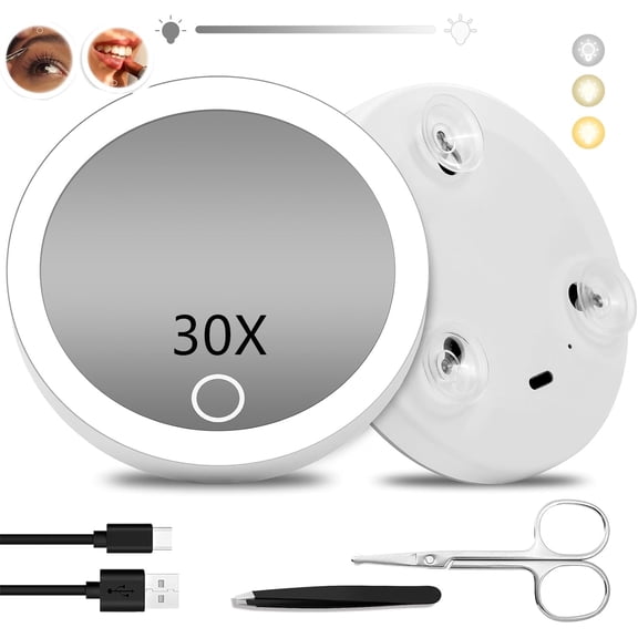 30X Magnifying Mirror with Lights, 4 inch Makeup Magnified Mirror 30X Lighted Travel Magnification with 3 Suction Cups Includes Tweezers & Scissors(White,4Inch)