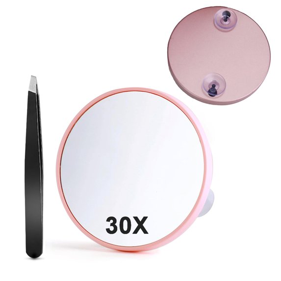 30X Magnifying Mirror with Tweezers and Suction Cup for Easy Mounting, Use for Makeup Mirror, Travel Stick on Shower Mirror for Plucking Eyebrows 3.5 Inch, Rose Gold