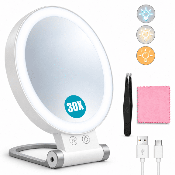 30X Magnifying Mirror with Light, Double-Sided 1X/30X Makeup Mirror with Tweezers, Foldable Travel Mirror, 3 Light Modes, Adjustable Brightness