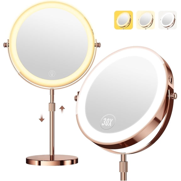 30X Makeup Mirror with Lights, Brightness Adjustable with 3 Colors, Double Sided Magnifying Mirror with 360? Rotation, Lighted Makeup Mirror with Magnification, Ideal  for Her - Rose