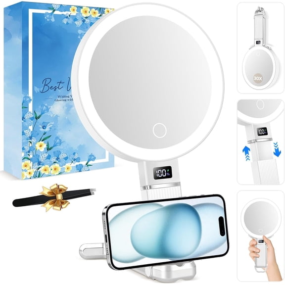 30X Travel Magnifying Mirror with Light, Height Adjustable  Mirror with Phone Holder Stand, Portable Compact Handheld Makeup Mirror with  Display for Travel, Bedroom & Daily Makeup Use