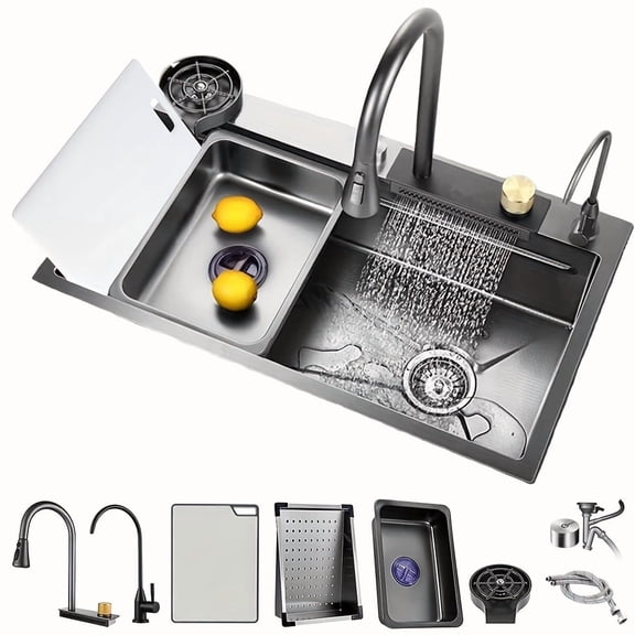 30X18" Nano Double-Waterfall Kitchen Sink +24X18" Stainless Steel Bar Sink - Smart Workstation, Digital Pull-Out Faucet & Accessories