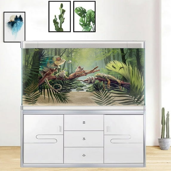 30X18IN Tropical Forest Terrarium Background, Natural Green Forest Tree Reptile Habitat Background, Misty RaINforest Aquarium Background, with 8 EVA Double-Sided Tape