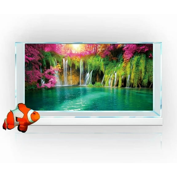 30X18IN Tropical Forest Waterfall Maple Leaf Terrarium Background, Natural Waterfall Forest Tree Reptile Habitat Background with 10 EVA Double-Sided Tape