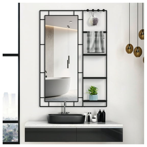 30X44 Ines Modern Vanity Mirror with Multi-functional Shelf, Large bathroom Mirror, Black Frame Decoration Mirror, Suitable for Bathroom, Living Room, Bedroom