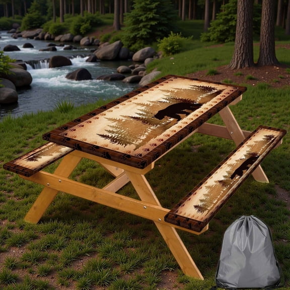 30X60 Inch Brown Bear Picnic Table Cover with Bench Cover and Drawstring Bag, Waterproof Washable Fitted Outdoor Tablecloth Rectangular Elastic Edged for Camping Outdoor Travel, 3 Pieces Set
