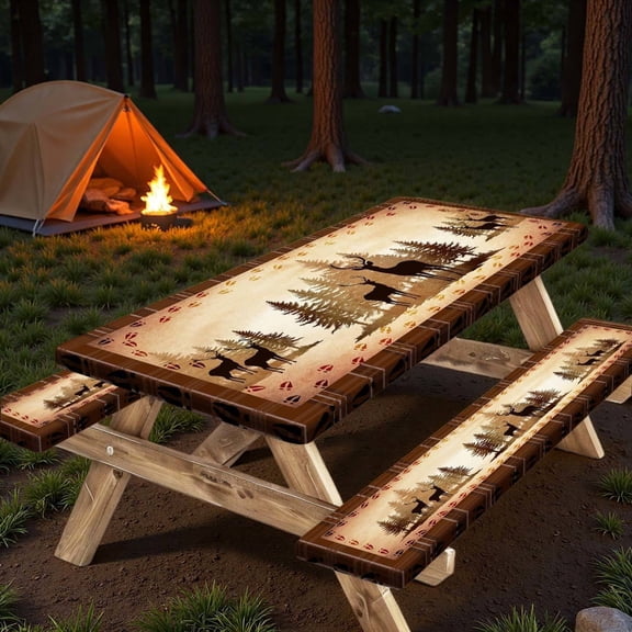 30X72 Inch Brown Deer Picnic Table Cover with Bench Cover and Drawstring Bag, Waterproof Washable Fitted Outdoor Tablecloth Rectangular Elastic Edged for Camping Outdoor Travel, 3 Pieces Set