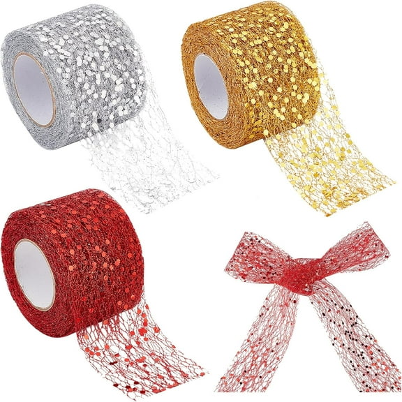 30Yards 3Styles Sparkling Mesh Ribbon 2 Inch Width Satin Organza Metallic Web Glitter Sequins Decorative Wire Edge Tulle Roll Spool Fabric Net